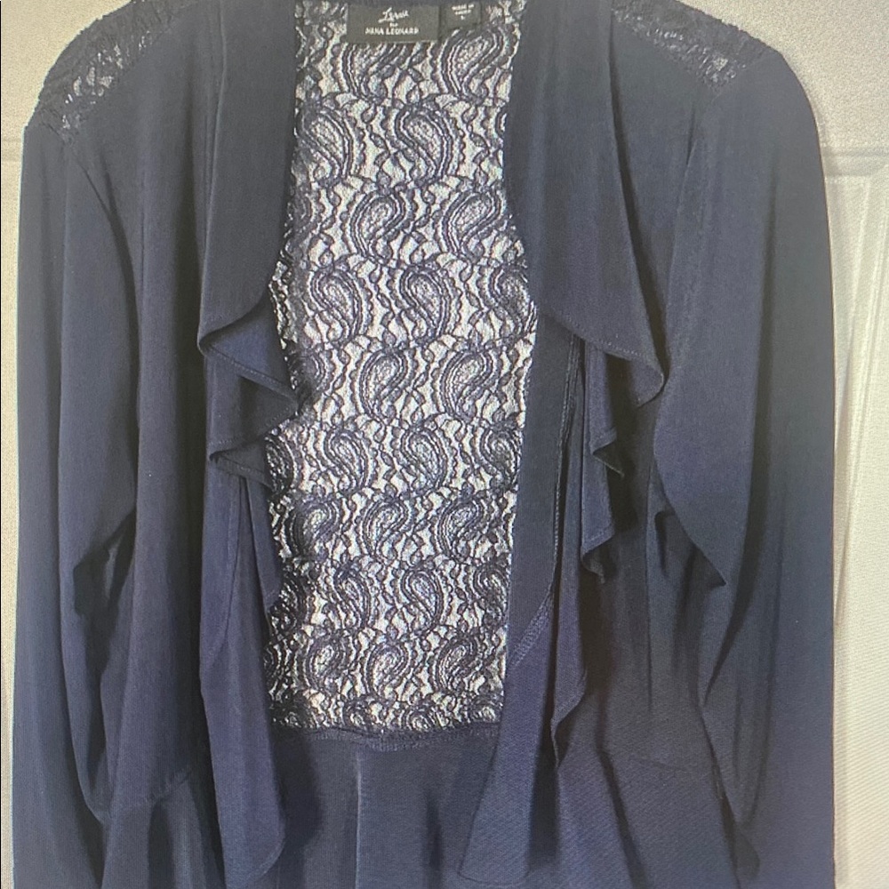 Nina Leonard Navy Lace-Back Ruffle Open-Front Cardigan